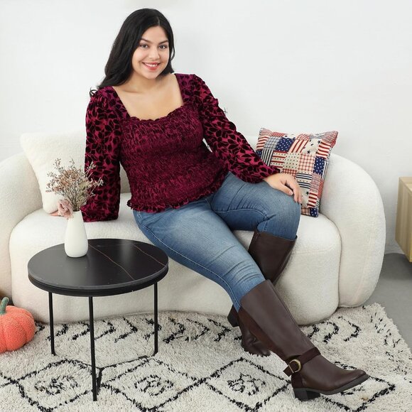 ⚡Women's Brown Synthetic Extra Wide Calf Pull On Side Zipper Knee High Boots - Picture 4 of 6